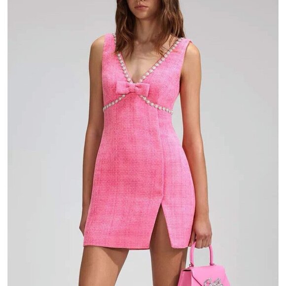 Self-Portrait Dresses & Skirts - Self-Portrait Size 6  Boucle V-Neck Mini Dress $468 Pink Tweed Bow Embellished